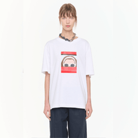 Plan C Self Portrait Print Cotton T-Shirt in Optical White with red graphic artwork styled on model cropped view