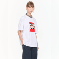 Plan C Self Portrait Print Cotton T-Shirt in Optical White with red graphic artwork styled on model cropped side view