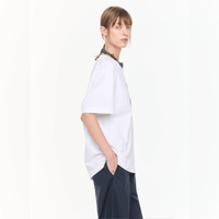 Plan C Self Portrait Print Cotton T-Shirt in Optical White with red graphic artwork styled on model side profile