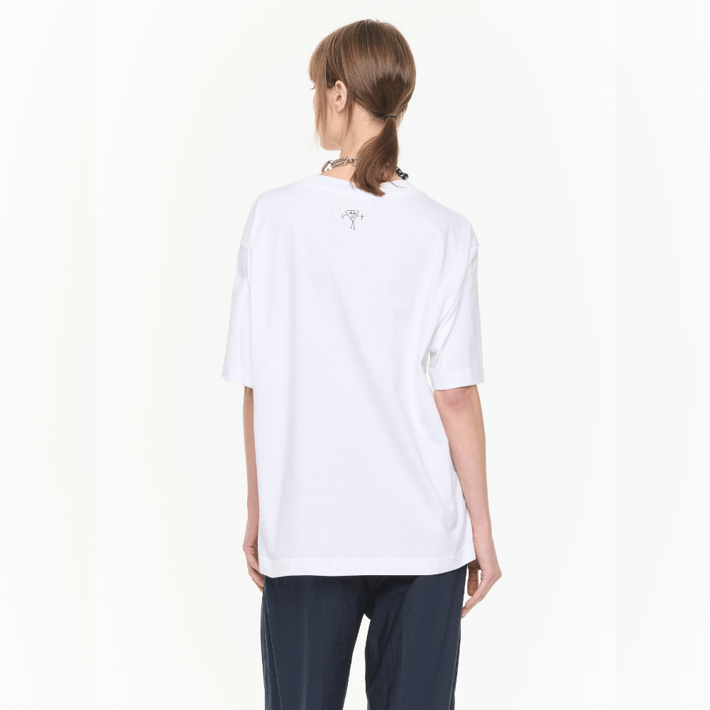 Plan C Self Portrait Print Cotton T-Shirt in Optical White with red graphic artwork styled on model back view