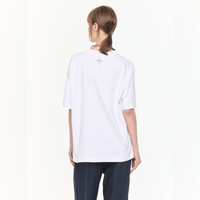 Plan C Self Portrait Print Cotton T-Shirt in Optical White with red graphic artwork styled on model back view
