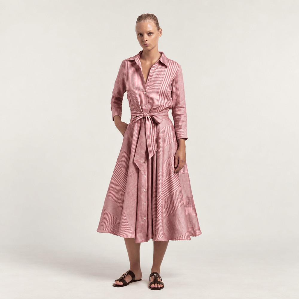 Sara Roka DANETTE Linen Blend Midi Shirt Dress in Fuchsia Rose Stripe – styled front view