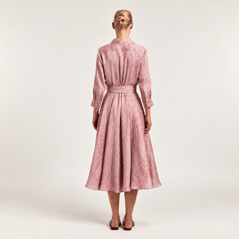 Sara Roka DANETTE Fuchsia Rose Stripe Midi Dress – styled back view