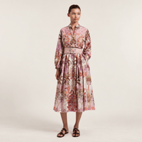 Sara Roka DIONE Cotton Silk Voile Midi Shirt Dress in Pink Flamingo Print – front model view