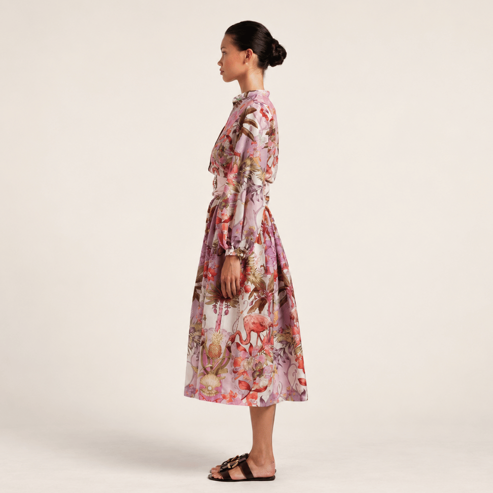 Sara Roka DIONE Cotton Silk Voile Midi Shirt Dress in Pink Flamingo Print – side view