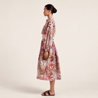 Sara Roka DIONE Cotton Silk Voile Midi Shirt Dress in Pink Flamingo Print – side view