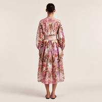Sara Roka DIONE Cotton Silk Voile Midi Shirt Dress in Pink Flamingo Print – back view