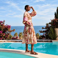 Sara Roka DIONE Cotton Silk Voile Midi Shirt Dress in Pink Flamingo Print – catalogue model side view