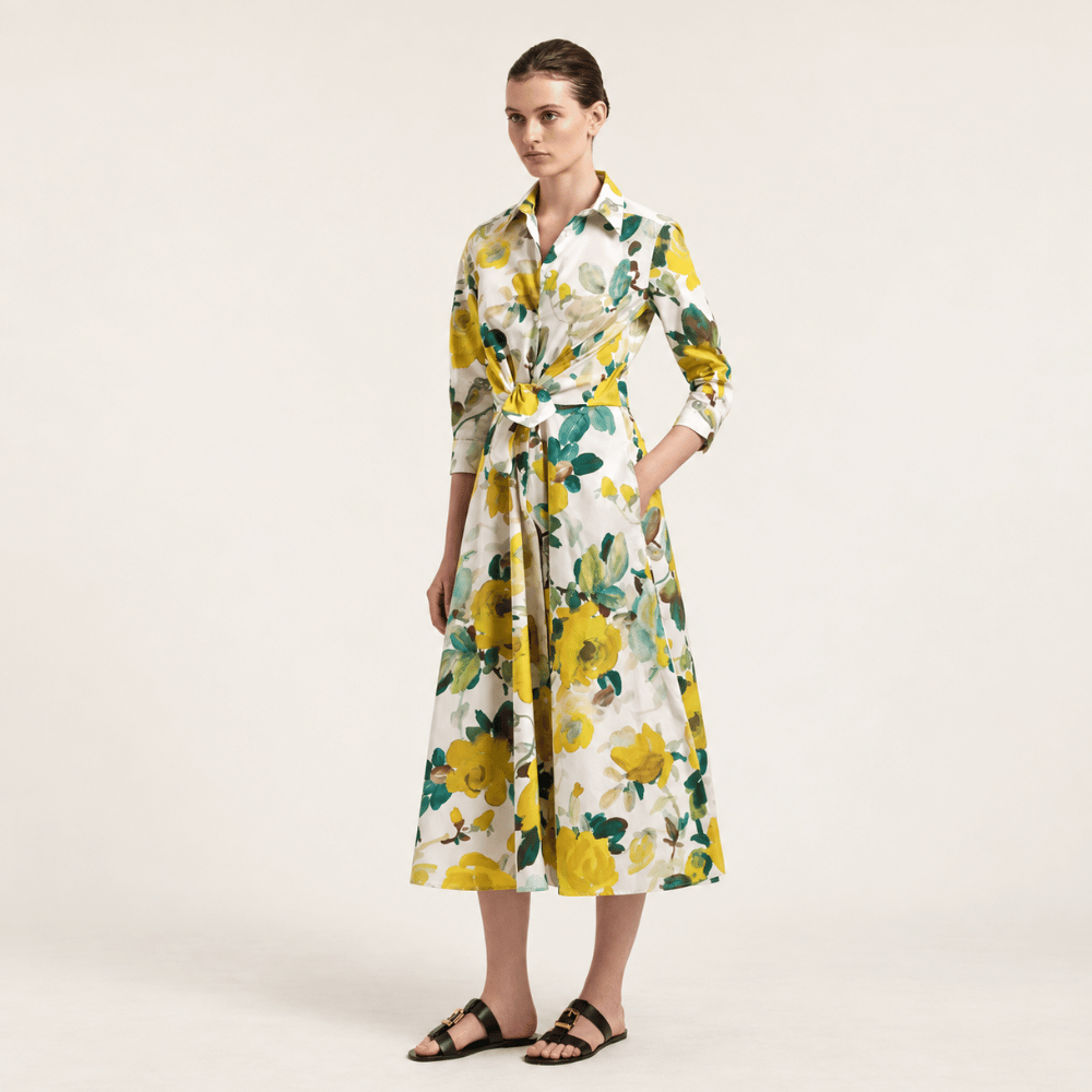 Sara Roka DRALLA Cotton Poplin Tie-Front Midi Shirt Dress in Lime Floral Print – front model view