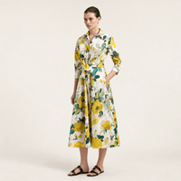Sara Roka DRALLA Cotton Poplin Tie-Front Midi Shirt Dress in Lime Floral Print – front model view