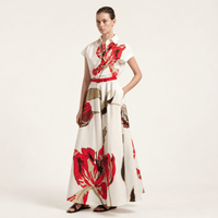 Sara Roka ELODIE Cotton Poplin Maxi Shirt Dress in Red Tulip Print – styled front view