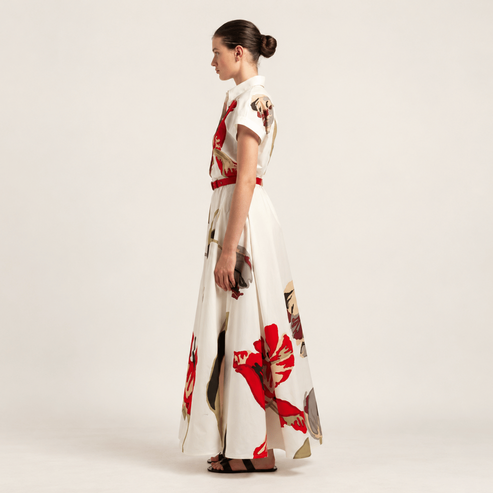 Sara Roka ELODIE Cotton Poplin Maxi Shirt Dress in Red Tulip Print – side view