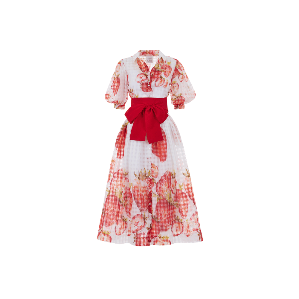 Sara Roka GALA Cotton Silk Voile Midi Shirt Dress in Red Strawberry Print – front view