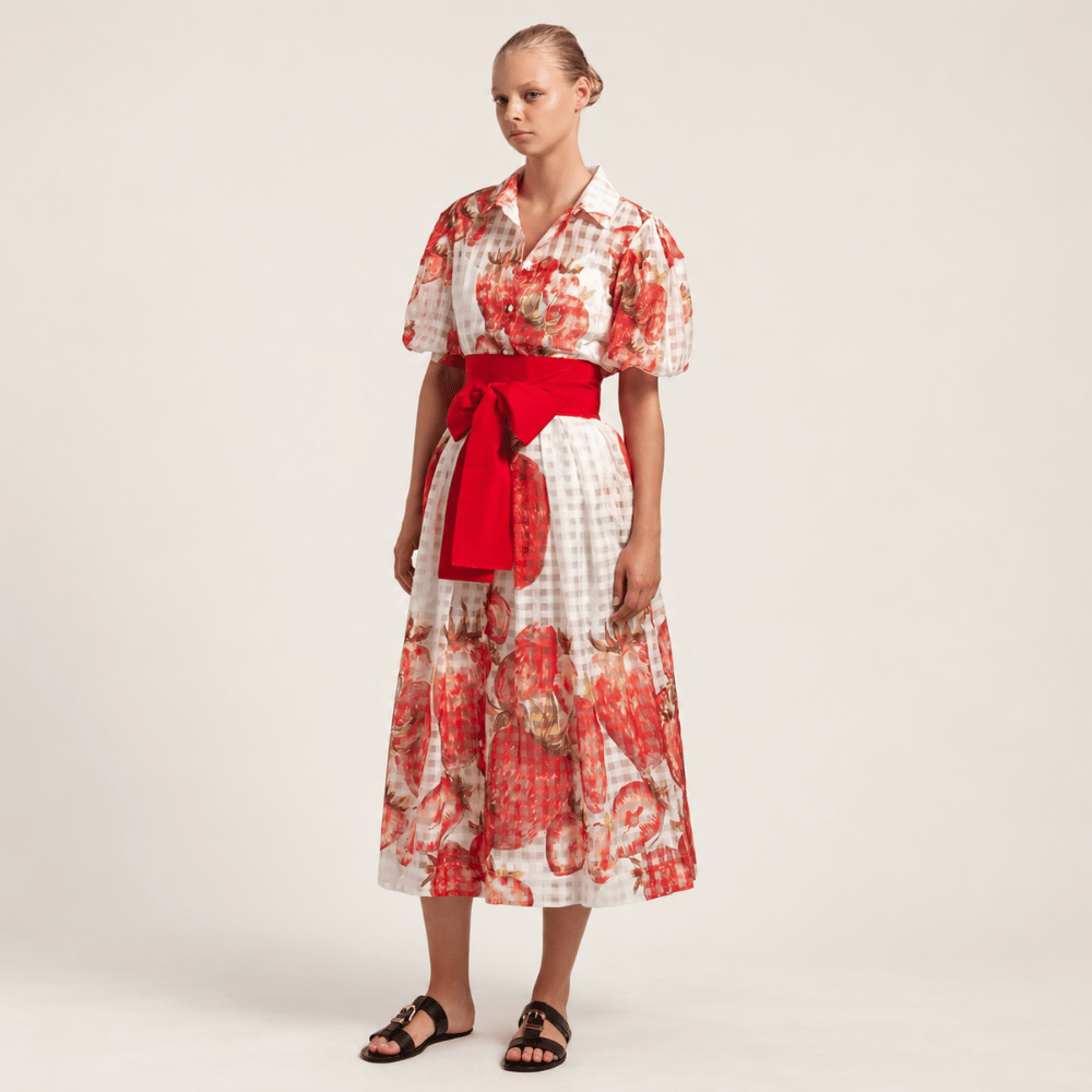 Sara Roka GALA Cotton Silk Voile Midi Shirt Dress in Red Strawberry Print – front model view