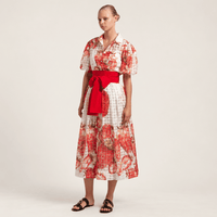 Sara Roka GALA Cotton Silk Voile Midi Shirt Dress in Red Strawberry Print – front model view