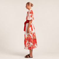Sara Roka GALA Cotton Silk Voile Midi Shirt Dress in Red Strawberry Print – side view