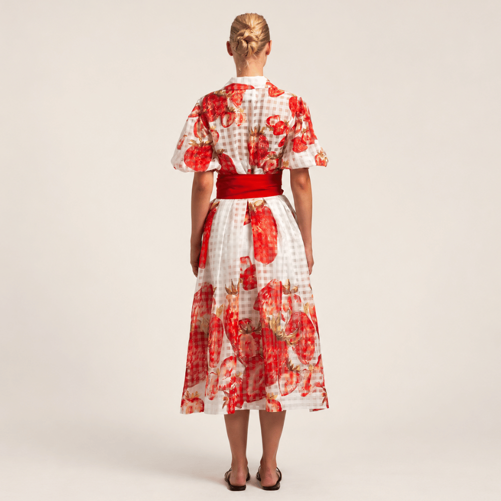 Sara Roka GALA Cotton Silk Voile Midi Shirt Dress in Red Strawberry Print – back model view