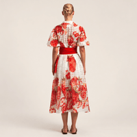 Sara Roka GALA Cotton Silk Voile Midi Shirt Dress in Red Strawberry Print – back model view