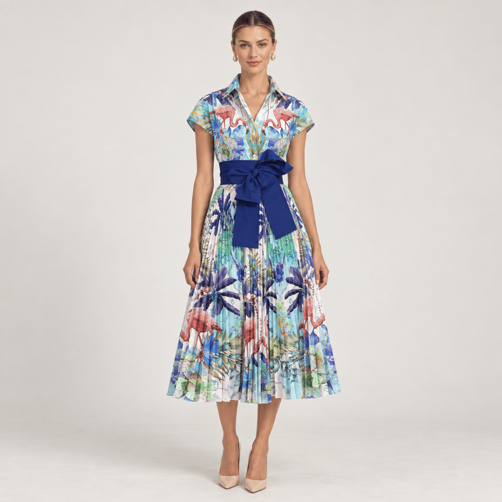 Sara Roka HORTENSE Flamingo Sky Pleated Midi Dress – styled with blue sash belt