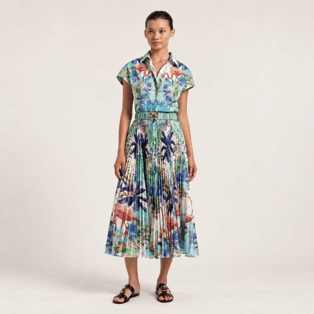 Sara Roka HORTENSE Pleated Midi Shirt Dress in Flamingo Sky Print – front model view