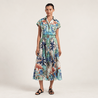 Sara Roka HORTENSE Pleated Midi Shirt Dress in Flamingo Sky Print – front model view
