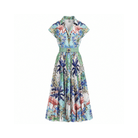 Sara Roka HORTENSE Pleated Midi Shirt Dress in Flamingo Sky Print – front model view