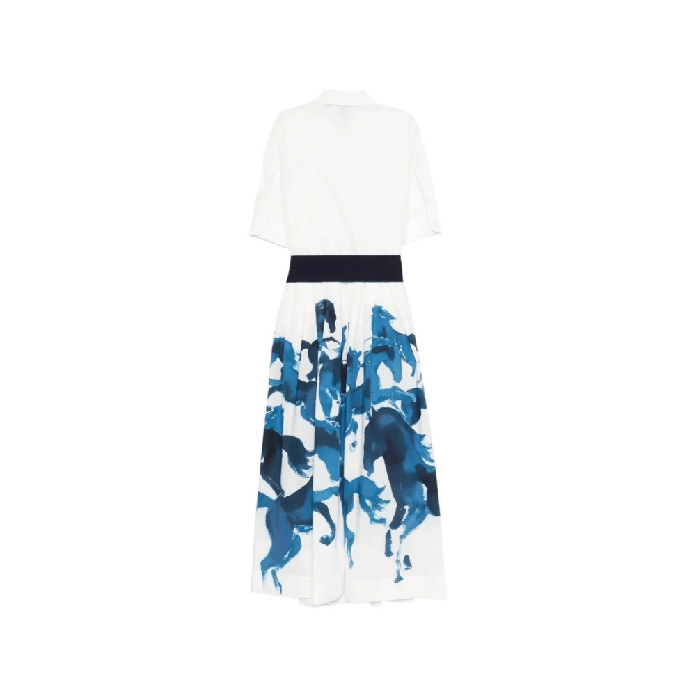 Sara Roka MARGIE Cotton Midi Shirt Dress in Navy and White Horse Print – back view