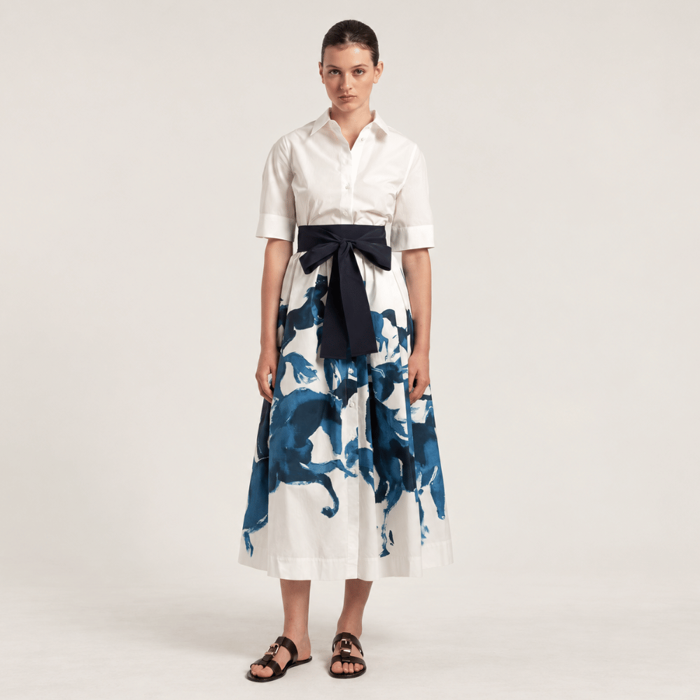 Sara Roka MARGIE Cotton Midi Shirt Dress in Navy and White Horse Print – front model view