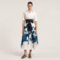 Sara Roka MARGIE Cotton Midi Shirt Dress in Navy and White Horse Print – front model view