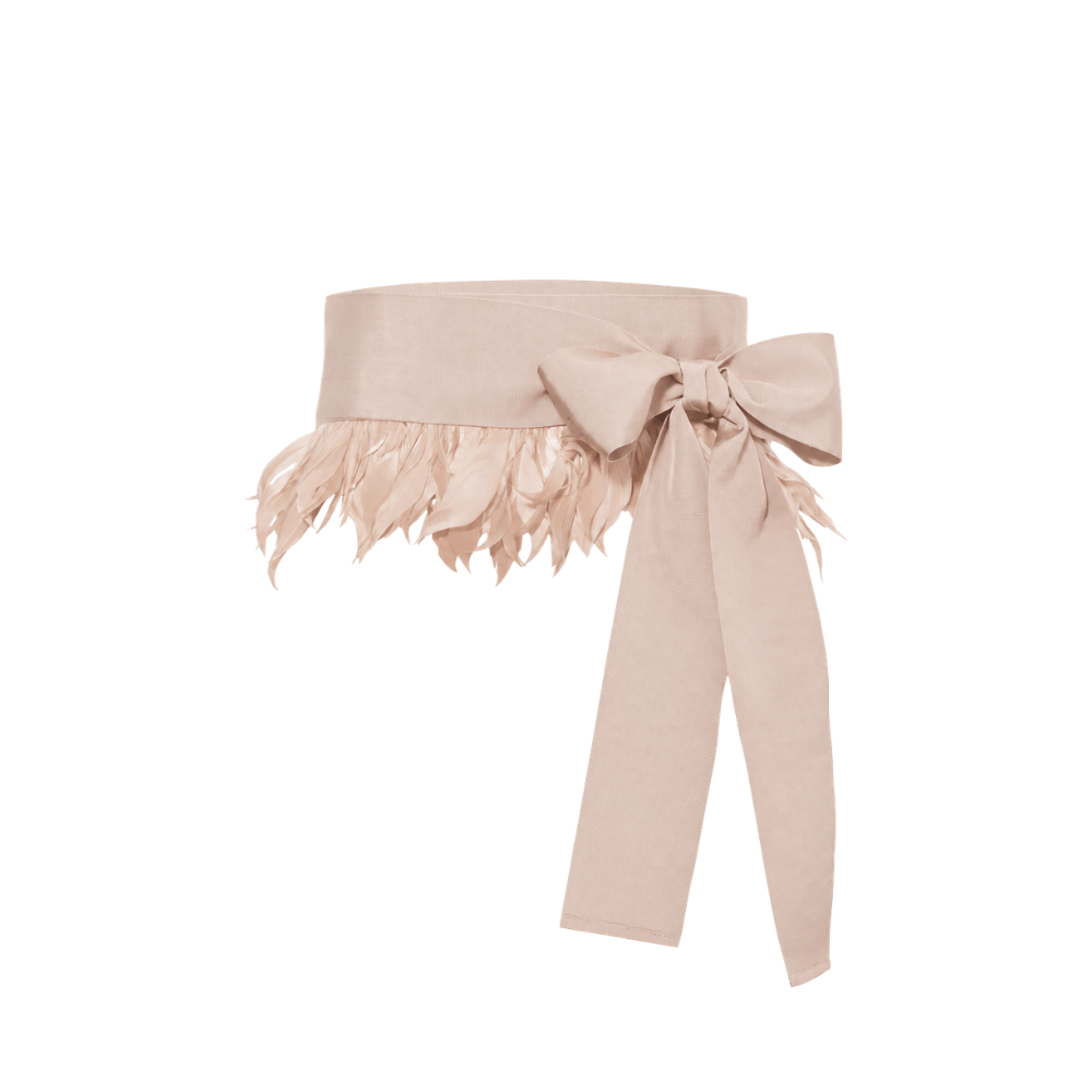 Sara Roka NEW YORK Feather Trim Wide Sash Belt in Light Blush