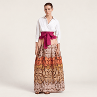 Sara Roka NEW YORK Feather Trim Wide Sash Belt in Magenta - styled dress accessory on model
