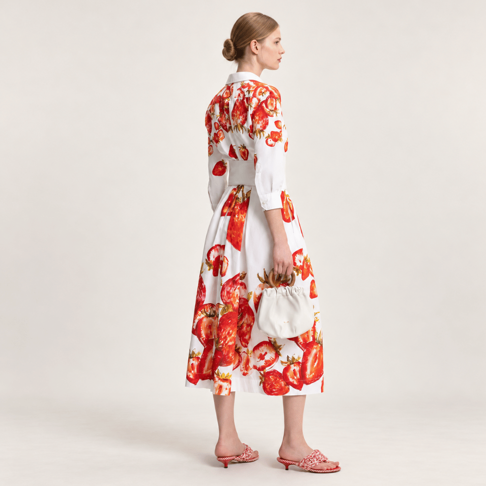 Sara Roka NIDINA Cotton Midi Shirt Dress in Red Strawberry Print – back model view