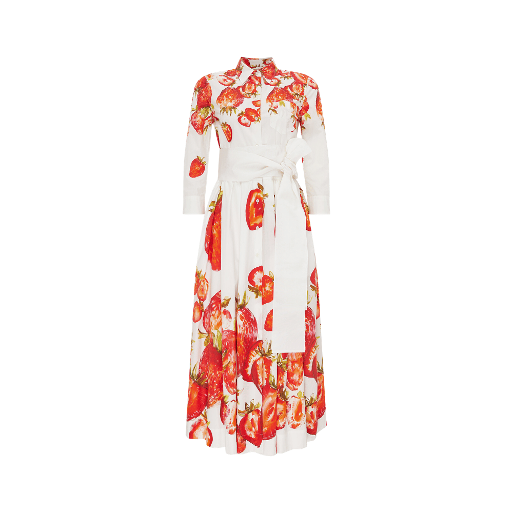 Sara Roka NIDINA Cotton Midi Shirt Dress in Red Strawberry Print – front view