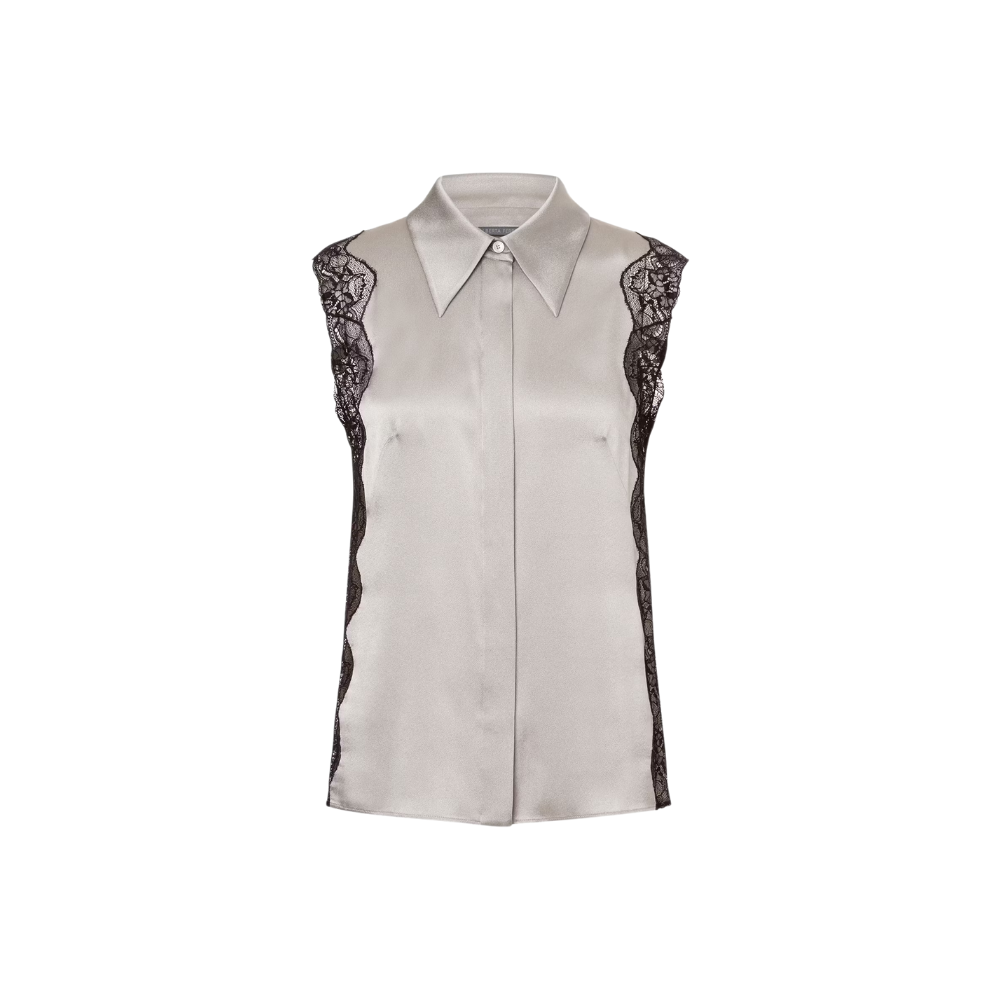 Satin Shirt Top with Lace in Grey