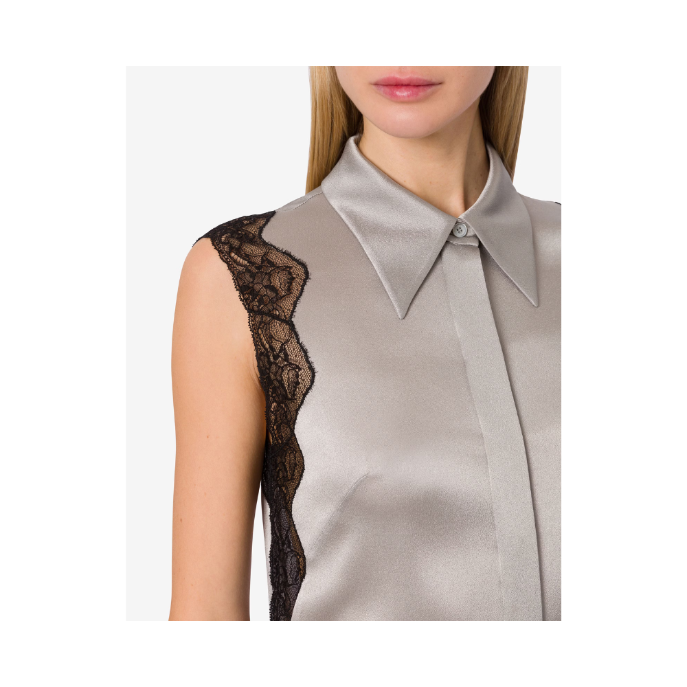 Satin Shirt Top with Lace in Grey