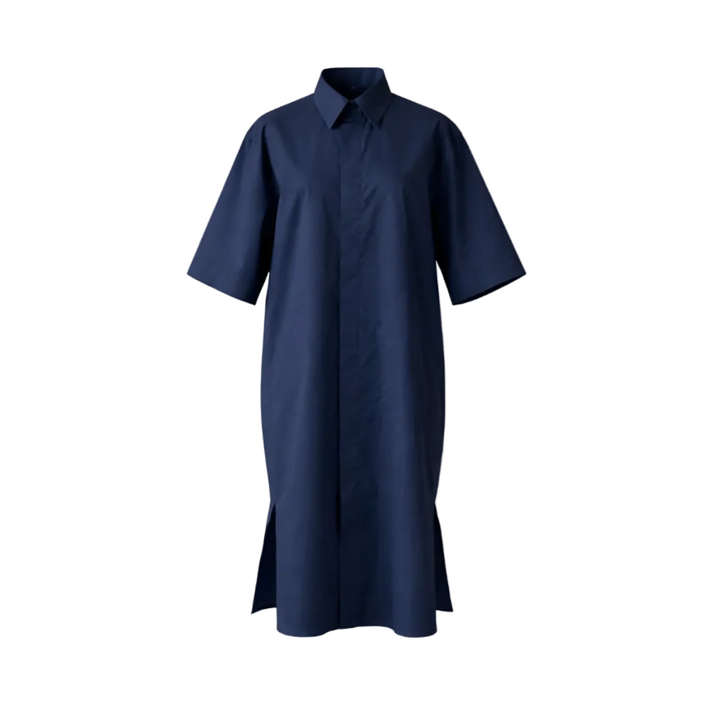 Navy blue dress with short sleeves on a white background