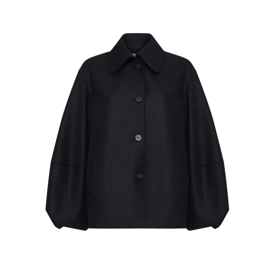 Women puff sleeves jacket pressed wool in black