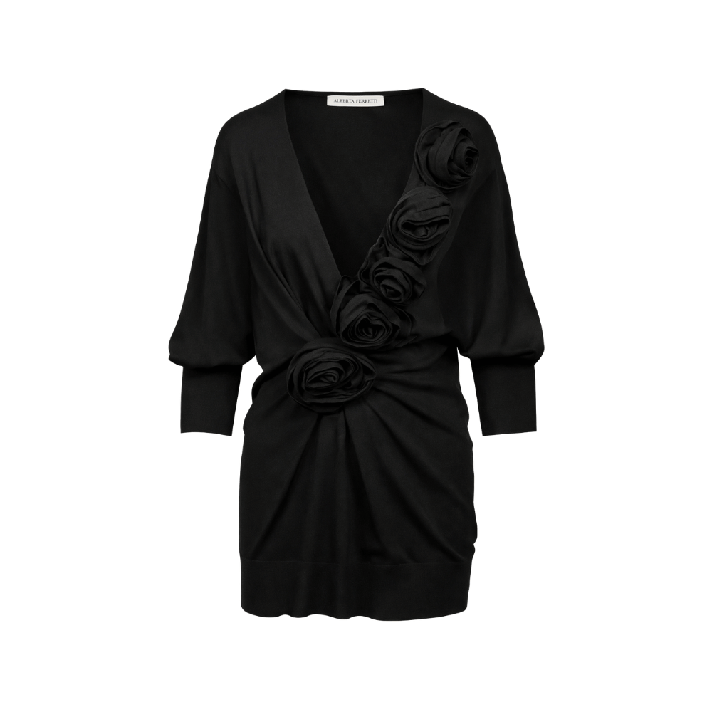 Alberta Ferretti Sculptural Rose Wool V-Neck Knit Top in Black - International designer fashion boutique Australia Riada Concept Woollahra