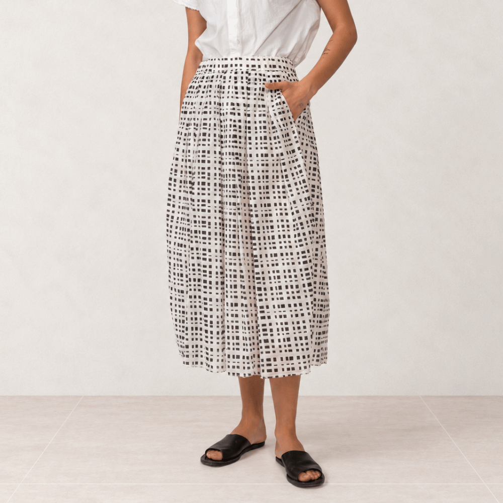 Hannoh Wessel JOYCE Pleated Cotton Midi Skirt in Black Check