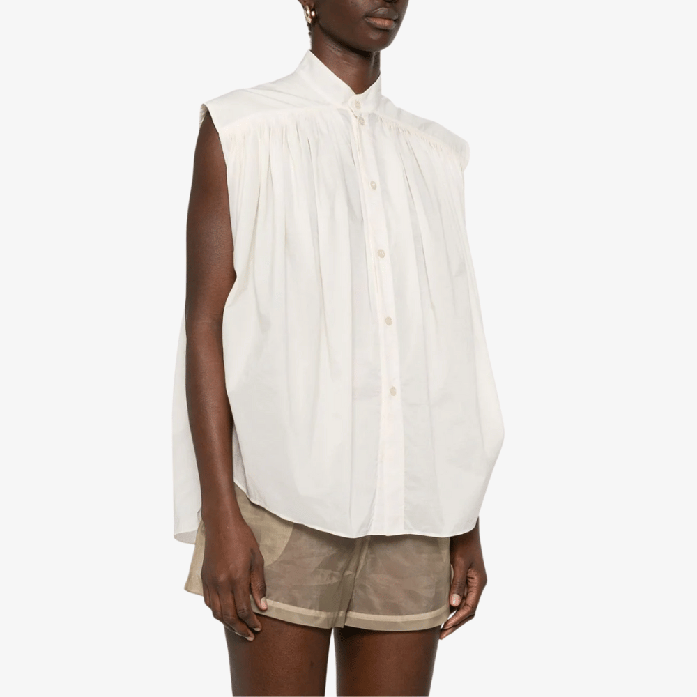 Philosophy di Lorenzo Serafini Sleeveless Button Front Blouse in Ivory, international luxury fashion brands blouse available at Riada Concept Woollahra, Sydney Australia and online
