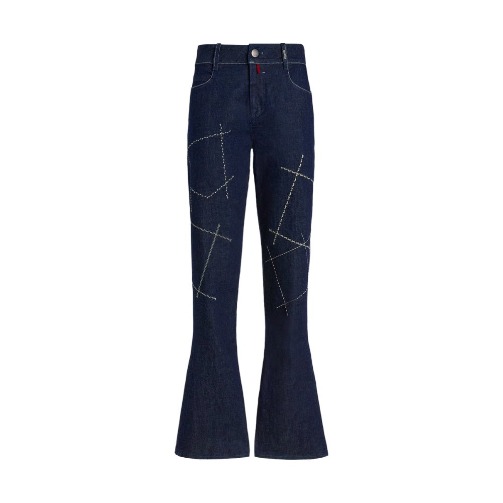 HIGH Everyday Couture Stardom bootcut jeans in deep blue denim with off-white geometric embroidery, front view