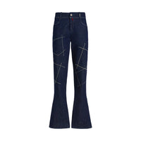 HIGH Everyday Couture Stardom bootcut jeans in deep blue denim with off-white geometric embroidery, front view
