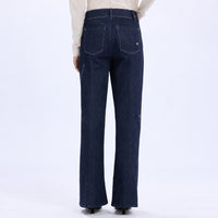 HIGH Everyday Couture Stardom bootcut jeans in deep blue denim with off-white geometric embroidery, back view