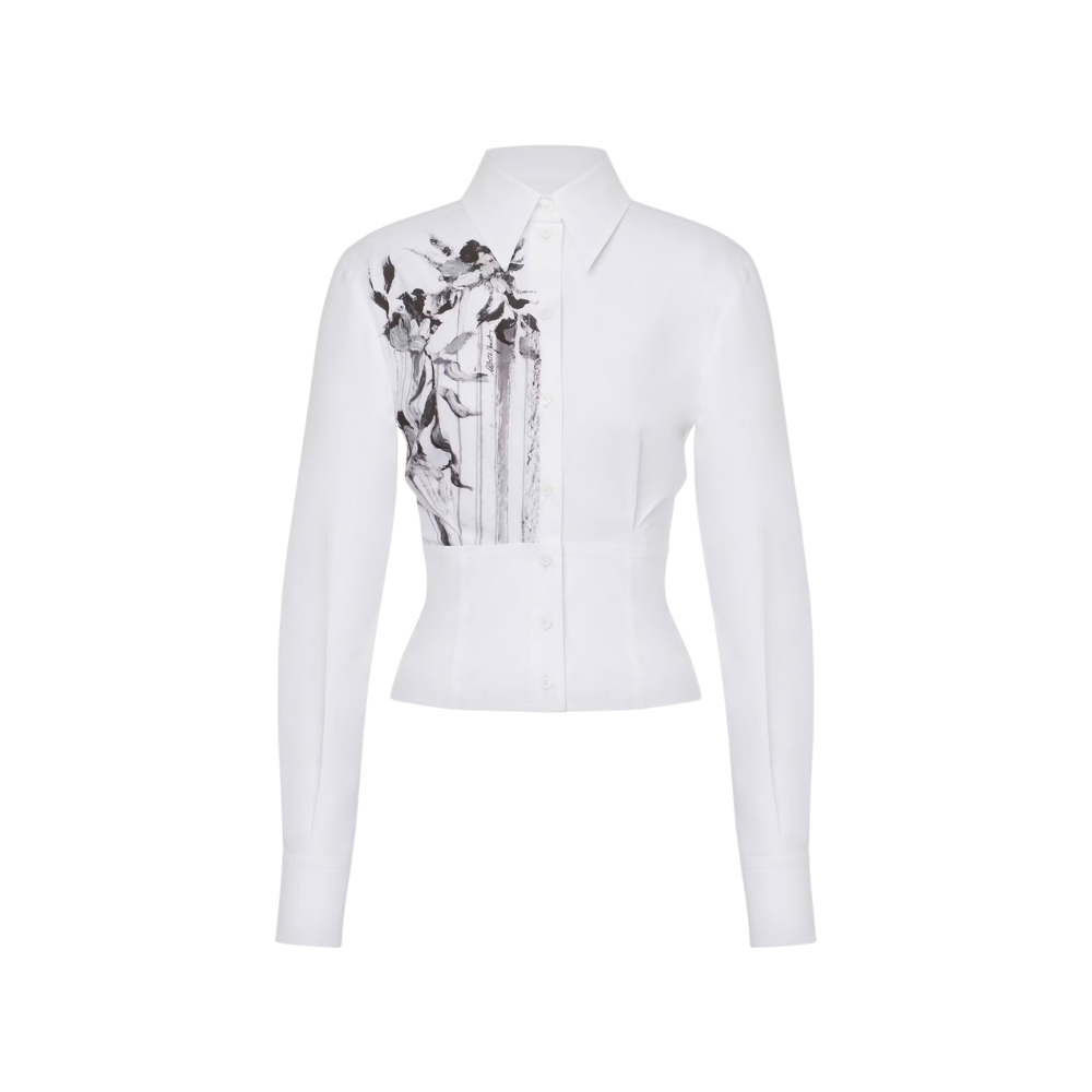 Stretch Poplin Shirt with Dripping Roses in White