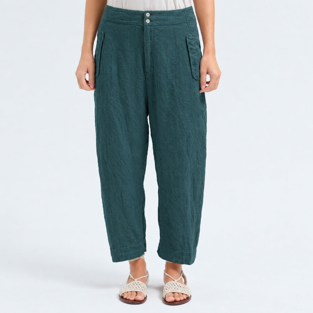 Transit Par Such comfort-fit trousers in petrol striped linen and cupro, with curved legs, a two-button waistband and flap pockets - front view
