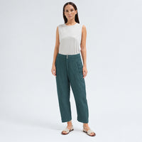 Transit Par Such comfort-fit trousers in petrol striped linen and cupro, with curved legs, a two-button waistband and flap pockets - model view