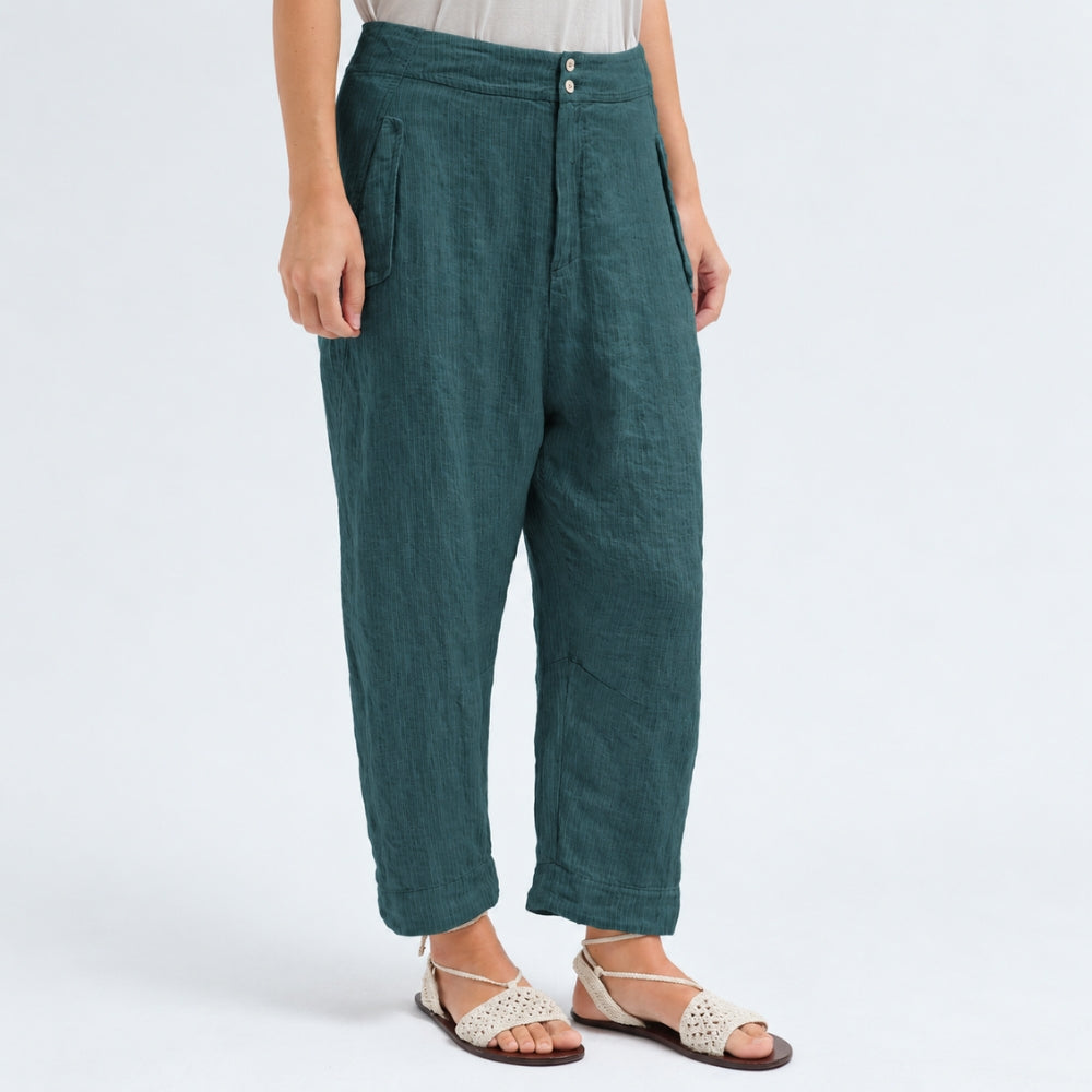 Transit Par Such comfort-fit trousers in petrol striped linen and cupro, with curved legs, a two-button waistband and flap pockets - angle view