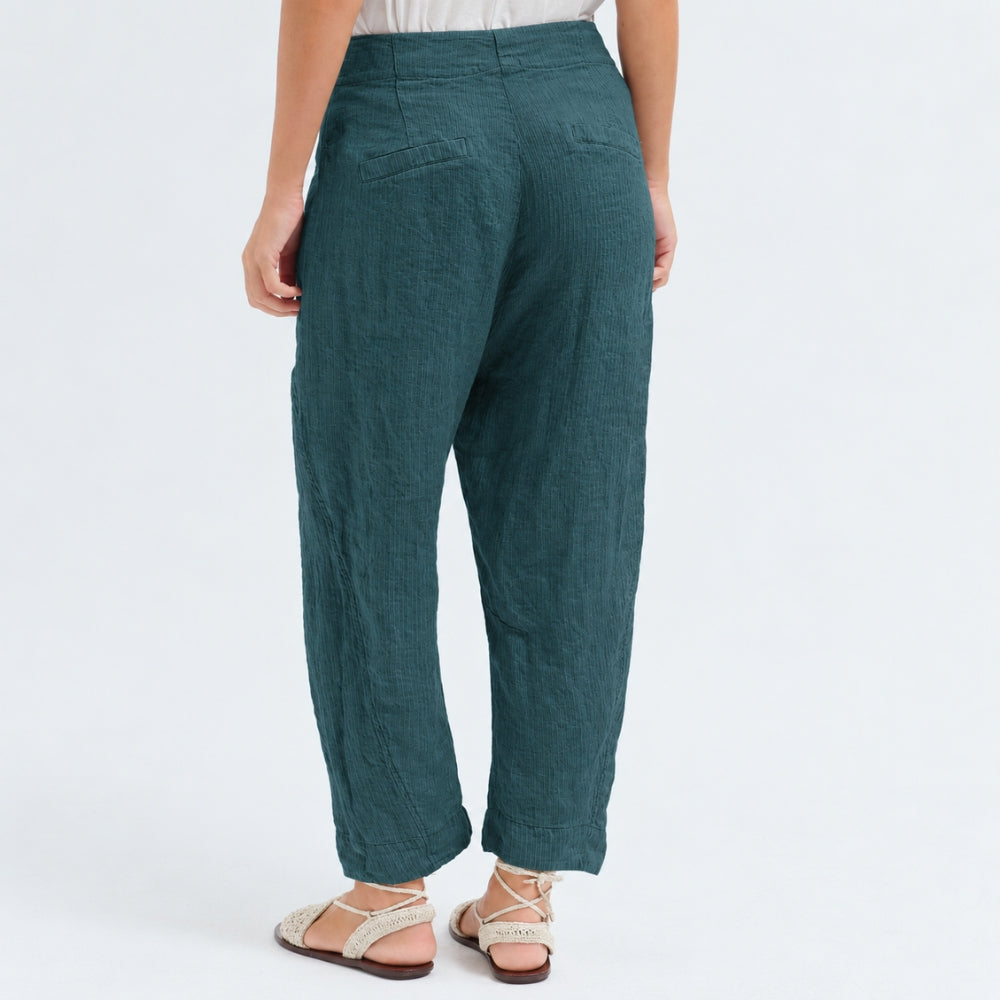 Transit Par Such comfort-fit trousers in petrol striped linen and cupro, with curved legs, a two-button waistband and flap pockets - back view