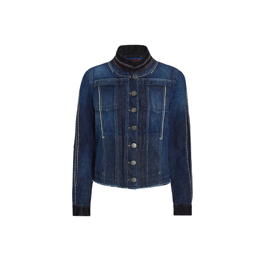 HIGH Everyday Couture Tactical slim-fit ombré denim jacket with a dark flocked collar and cuffs and off-white topstitching, front view