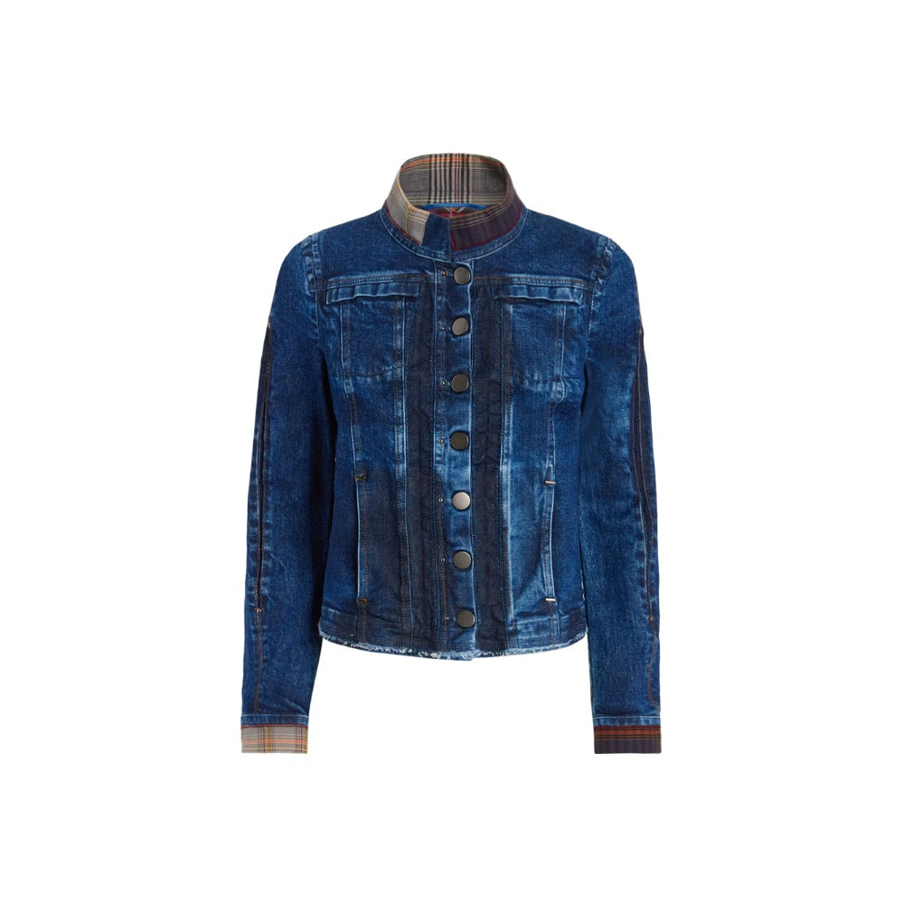 HIGH Everyday Couture Tactical slim-fit denim jacket in a faded ombré wash with checked inserts at the collar and cuffs, front view